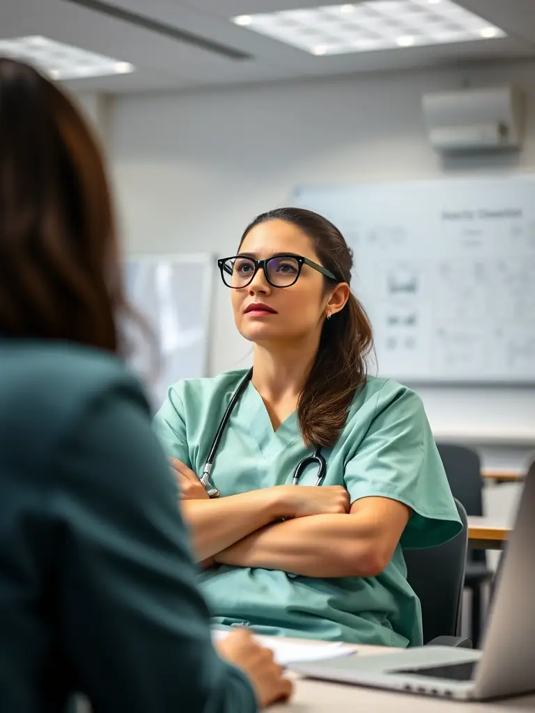 A nurse attentively listening to a lecture in a modern classroom setting, focused on understanding complex medical concepts.