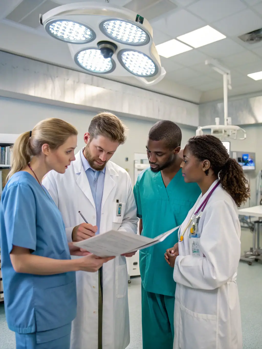 A group of nurses collaborating on a patient care plan in a hospital setting, emphasizing teamwork and critical thinking.