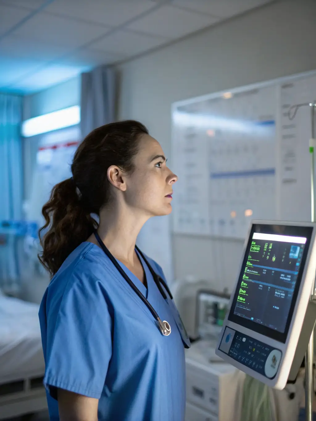 A nurse using advanced medical equipment to monitor a patient's vital signs in an intensive care unit, highlighting technological proficiency.